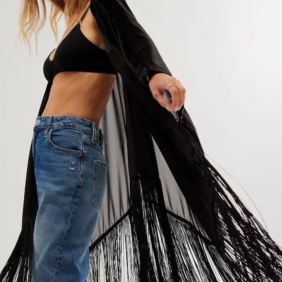 Free People Velvet Fringe Poncho Kimono - Picture 2 of 4